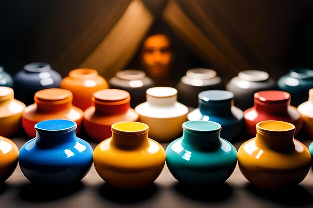 Une collection de vases colorés est exposée sur une table.