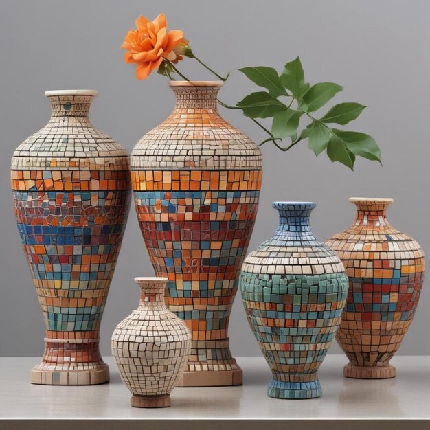 une collection de vases avec une fleur au milieu