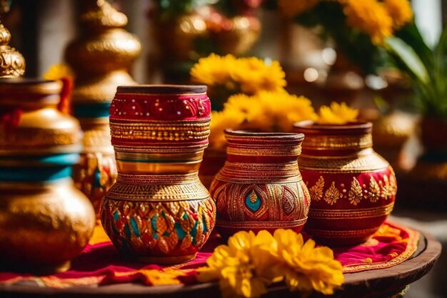 Photo une collection de vases avec des fleurs et un arbre en arrière-plan