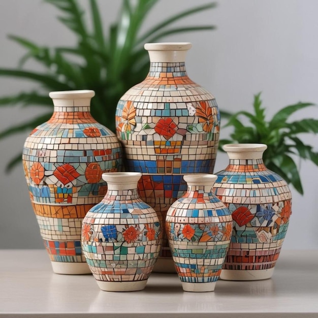 Photo une collection de vases avec un motif coloré sur le fond