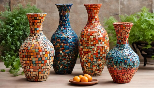 Photo une collection de vases avec des oranges et une assiette d'oranges