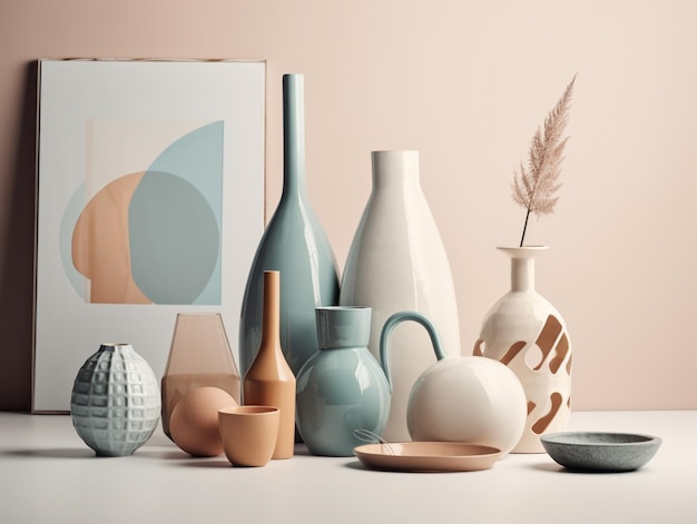 Une collection de vases sur une table avec une peinture derrière eux.