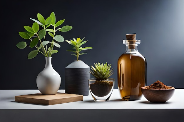 Une collection de vases en verre avec une plante sur la table.