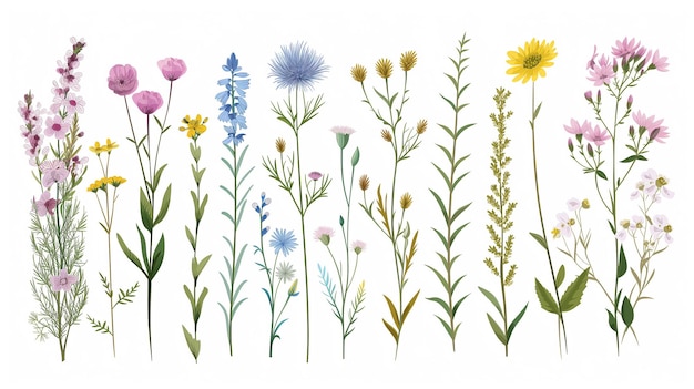 Collection vectorielle de fleurs sauvages Herbes plantes à fleurs herbacées fleurs à fleurs