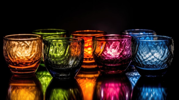 Une collection de verres avec différentes couleurs de lumière dessus