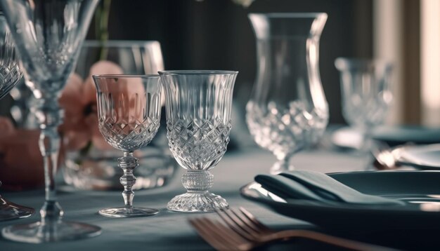 Collection de verres à vin de luxe sur une table en bois moderne générée par l'IA