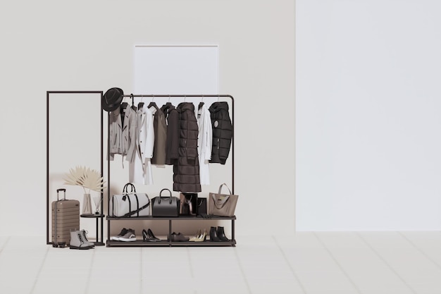 Collection de vêtements suspendus sur une étagère en blanc et noir, marron. rendu 3d, magasin