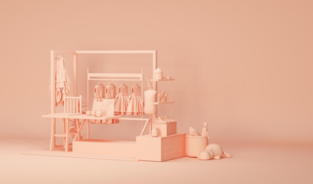 Collection de vêtements suspendus sur un support en rendu 3d de couleurs beige rose pour magasin et studio