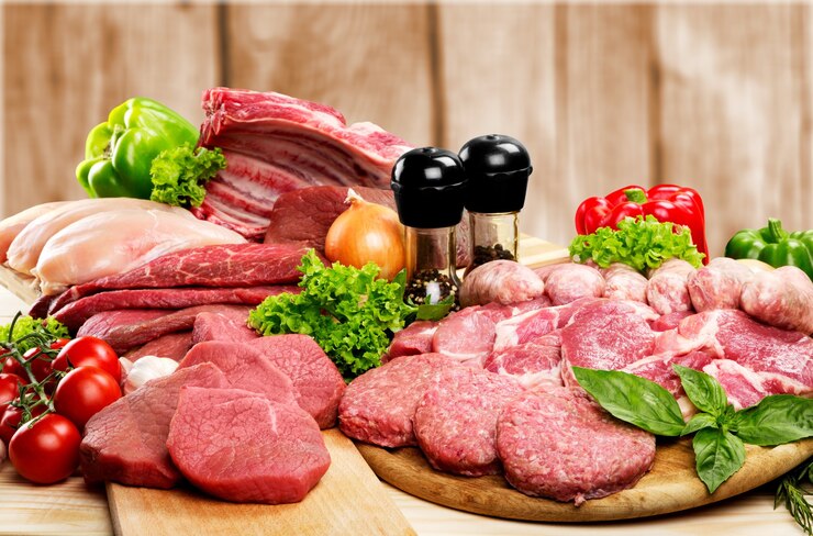 Photo collection de viande fraîcheur sur fond de bois