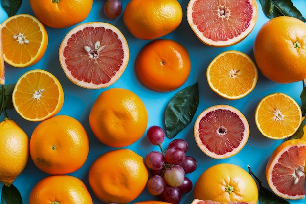 Une collection vibrante d'agrumes sur un fond bleu vif des oranges fraîches des citrons et