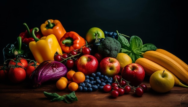 Une collection vibrante de fruits et légumes biologiques sains sur la table générée par l'intelligence artificielle