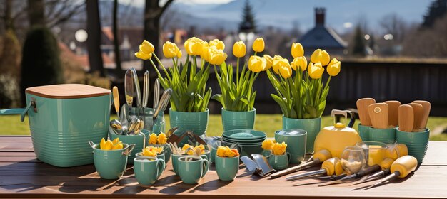 Une collection vibrante d'outils de jardinage et de pots de fleurs assortis dans un jardin serein et ensoleillé