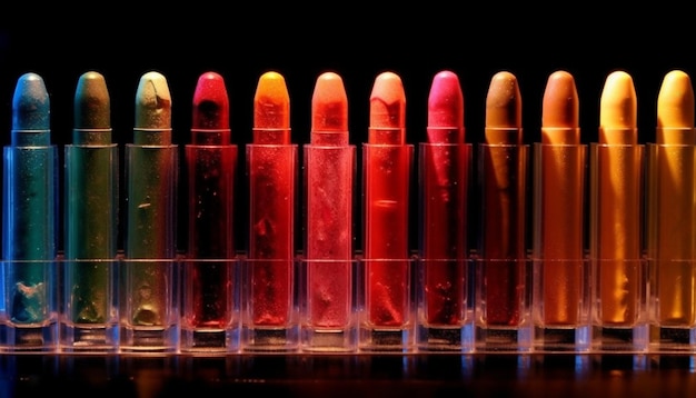 Une collection vibrante de rouges à lèvres multicolores alignés générés par l'intelligence artificielle