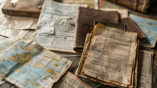 Une collection de vieux livres et documents, certains avec des pages déchirées et jaunâtres, sont éparpillés sur une table en bois.