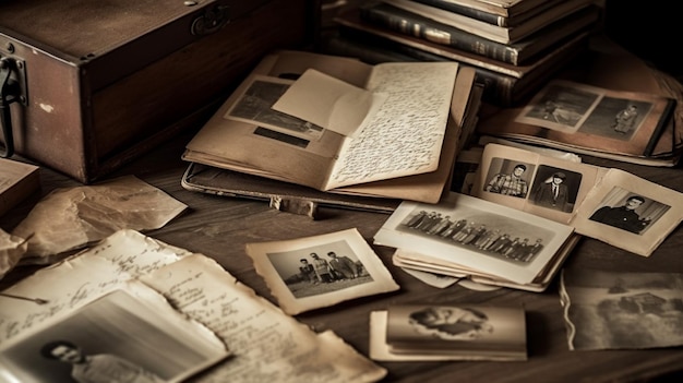 Une collection de vieux livres sur une table avec une boîte de vieilles photos.