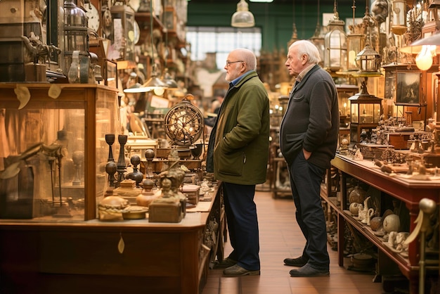 Des collectionneurs d'antiquités qui regardent des objets anciens sur les étagères d'un magasin d'ancienneté.