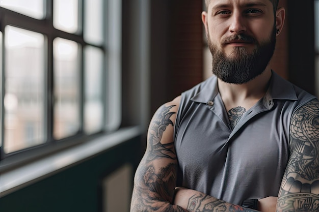 Collègue avec tatouage de cow-boy exhibant son encre au bureau