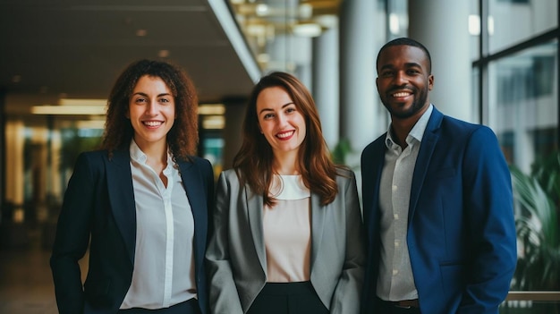 collègues d'affaires multiraciaux souriants dans le hall