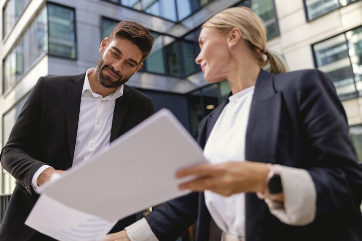 Des collègues d'affaires travaillant avec des documents alors qu'ils se tiennent sur le fond d'un immeuble de bureaux moderne