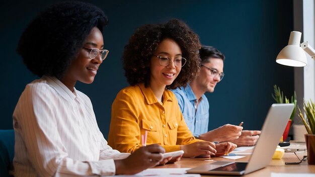 collègues avec des appareils au bureau de travail