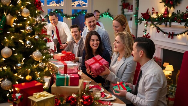 Photo des collègues célèbrent la fête de noël au bureau en souriant et en donnant des cadeaux.