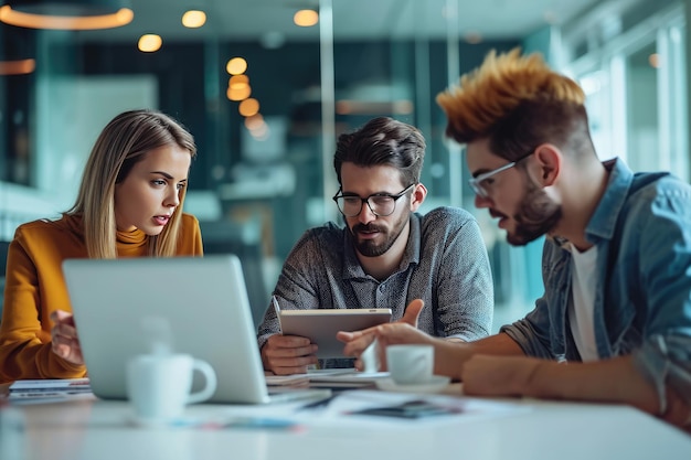 collègues discutant du projet tout en travaillant avec une tablette au bureau à l'intérieur