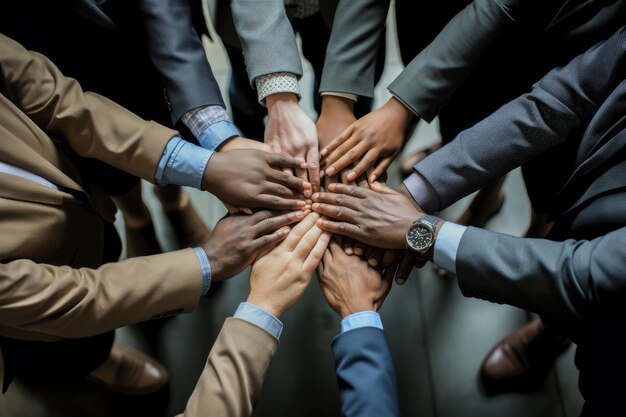 Photo des collègues de diverses cultures s'empilent les mains