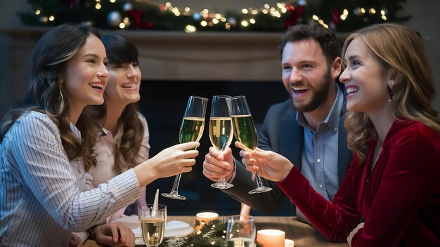 Des collègues heureux avec du champagne célébrant Noël.