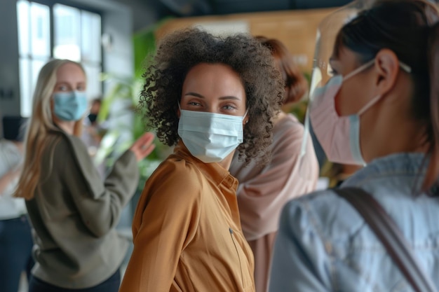 Photo des collègues masquées saluent avec un coude dans le bureau.