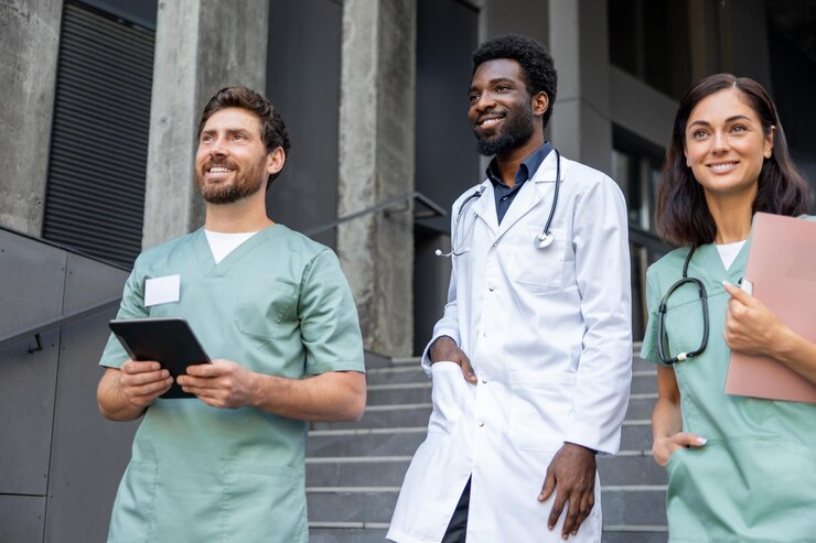 Les collègues médecins sur les marches du centre de réadaptation