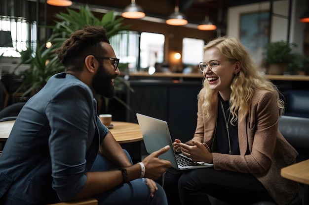 Collègues travaillant ensemble Deux hommes d'affaires heureux souriant joyeusement tout en discutant Deux jeunes entrepreneurs utilisant un ordinateur portable dans un espace de coworking moderne Generative Ai