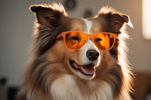 Collie à cheveux longs drôle avec des lunettes de soleil orange Animaux de compagnie relaxants générés par l'IA