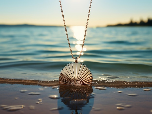 Photo un collier coquillage suspendu sur un fond d'ocan avec des rayons de soleil filtrant travers