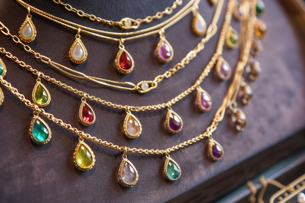 Un collier en couches à la mode présentant des pendentifs en or et en pierres précieuses Un collier à couches à l'avant-garde présentant une combinaison de pendentifs d'or et de pierre précieuse