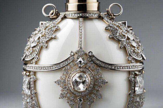 Un collier de diamants sur une surface en cuir à côté d'une bouteille de parfum vide