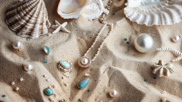 Photo un collier est assis sur un tas de sable entouré de coquillages et de perles.