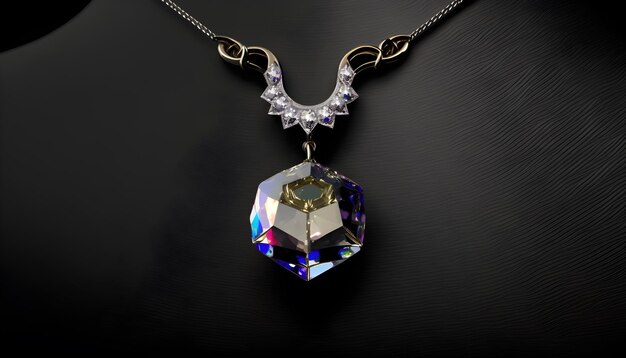 Un collier avec une gemme bleue et un diamant dessus.