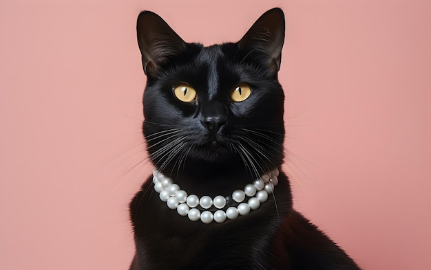 Photo un collier de perles d'un chat noir assis sur une plaque blanche