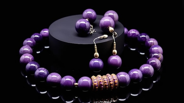 Un collier avec des perles violettes et des perles dorées