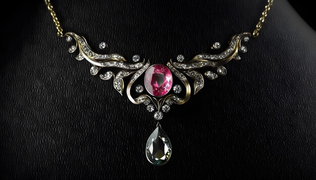 Un collier avec une pierre rose et des diamants dessus