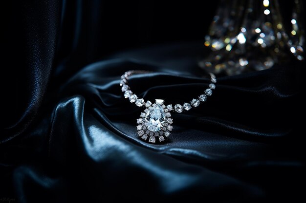 collier de platine de luxe avec des diamants sur du tissu de soie foncé gros plan collier d'or dans le magasin magnifique collier de pendentifs en diamants vitrine de bijoux focus sélectif