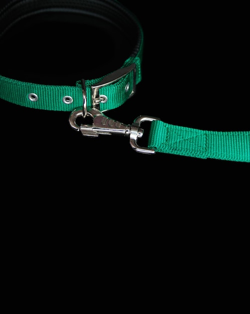 Photo colliers pour animaux de compagnie avec crochet sur fond noir isolé concept d'accessoires pour animaux de compagnie