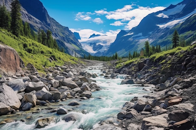 une colline et une cascade en été avec de la neige sur le sol