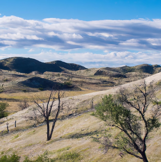 Une colline avec des collines et des arbres en arrière-plan avec un ciel bleu et des nuages.