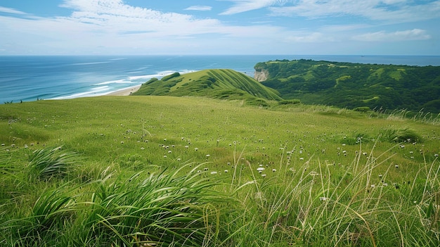 Une colline herbeuse avec une plage et l'océan en arrière-plan