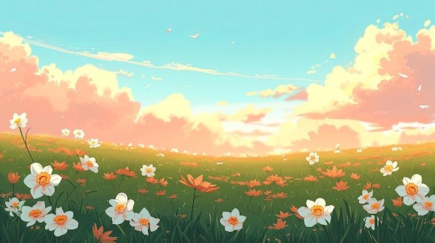 colline de style dessin animé avec des fleurs colorées et le ciel