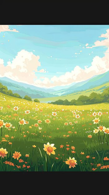 colline de style dessin animé avec des fleurs colorées et le ciel