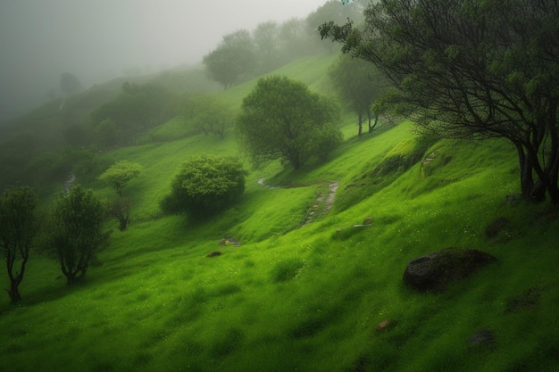 Une colline verte avec un chemin entouré d'arbres.