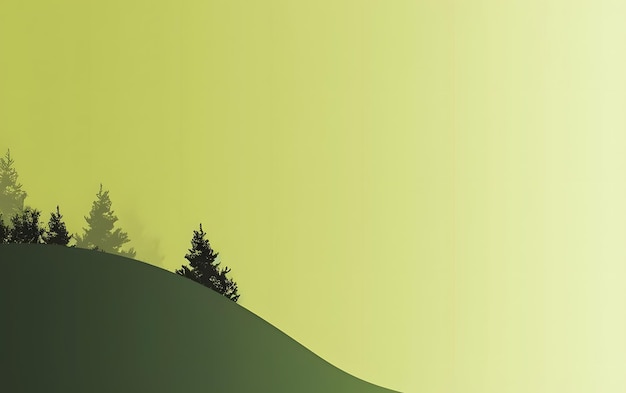 Une colline verte avec un fond vert et une silhouette d'arbre dessus.