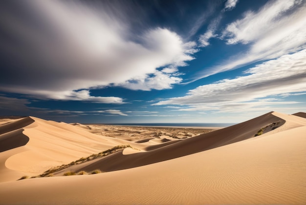 Des collines de sable sous un ciel nuageux Mettez l'accent sur la hauteur des dunes